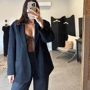 Liz Claiborne Women's Large Blazer Black Woven Cotton Wool Blazer Jacket